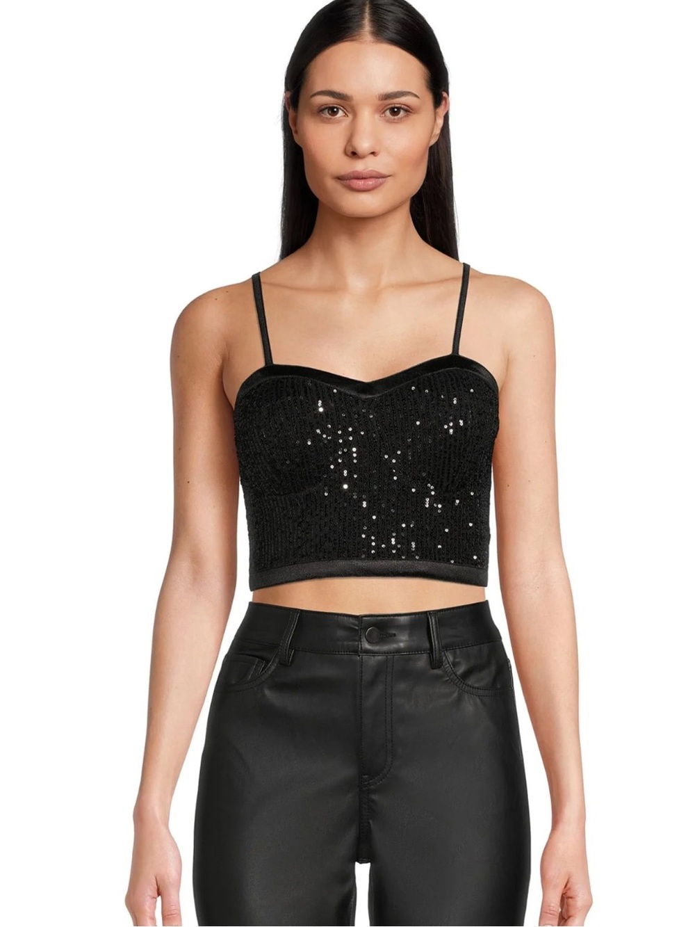 Black Sequin Cropped Cami Top with Thin Straps